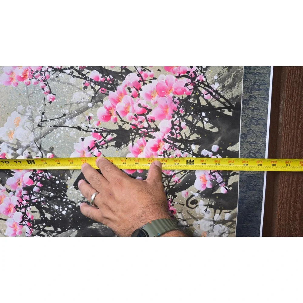 Vintage Chinese Hanging Scroll Painting Pink Plum Blossom Cherry Branch 30x68